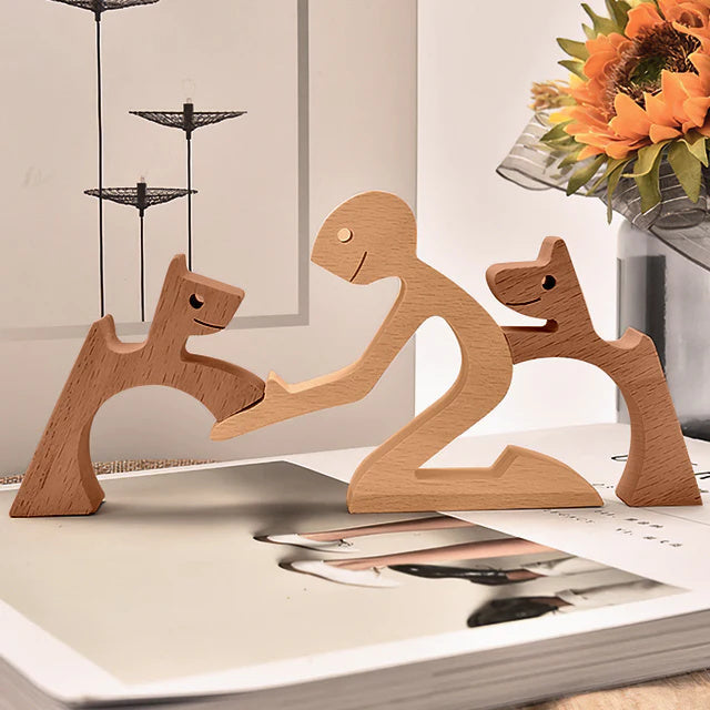 Prachtige met de hand gesneden houten figuren in Man + 2 Honden, – Huisdierentempel