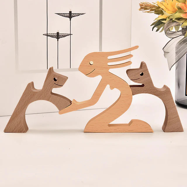 Prachtige met de hand gesneden houten figuren in Vrouw + 2 Honden, – Huisdierentempel