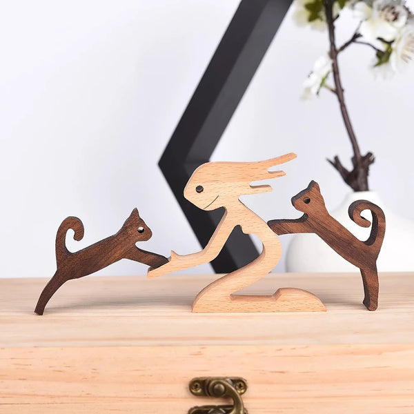 Prachtige met de hand gesneden houten figuren in Vrouw + 2 Katten, – Huisdierentempel